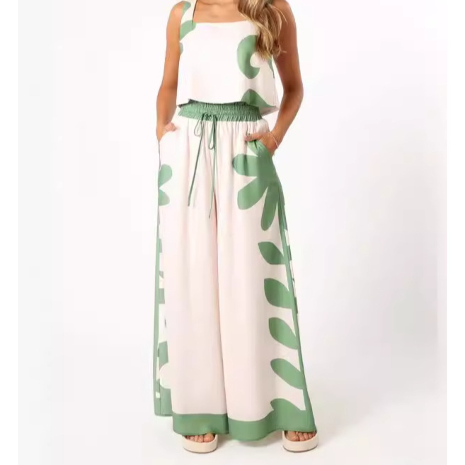 休闲时尚背心印花松紧腰阔腿长裤两件套