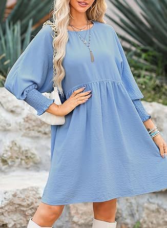 Women's Round Neck Pleated Cuff Dress Waist-Tied Casual Dress Pleated Cuff Fashion Dress Round Neck Waist Cinch Ensemble