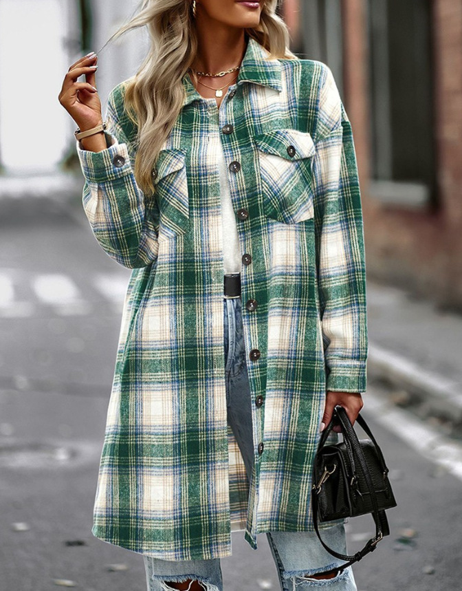 Women's Lapel Long-Sleeve Shacket Button-Front Mid-Length Cardigan Pocketed Shirt Jacket Lapel Button-Up Outerwear