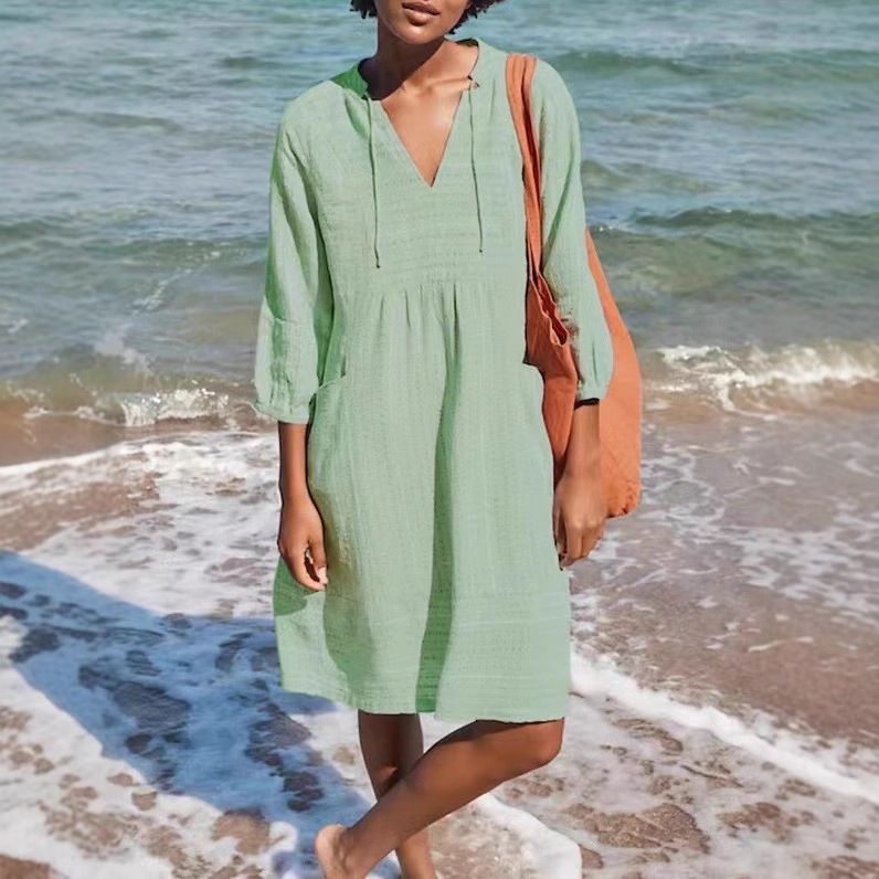 棉麻连衣裙V领休闲宽松口袋连衣裙