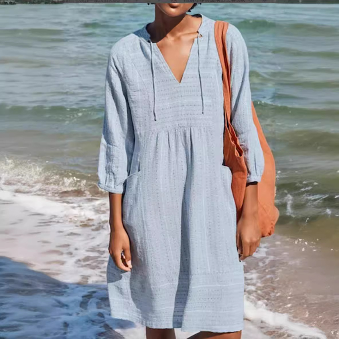 Women's Cotton Linen V-Neck Pocket Dress Loose-Fit Casual Dress Cotton Linen Sundress with Pockets V-Neck Comfortable Maxi Dress