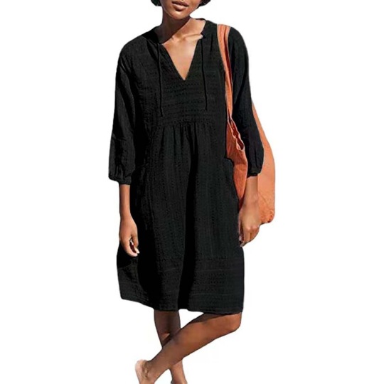 Women's Cotton Linen V-Neck Pocket Dress Loose-Fit Casual Dress Cotton Linen Sundress with Pockets V-Neck Comfortable Maxi Dress