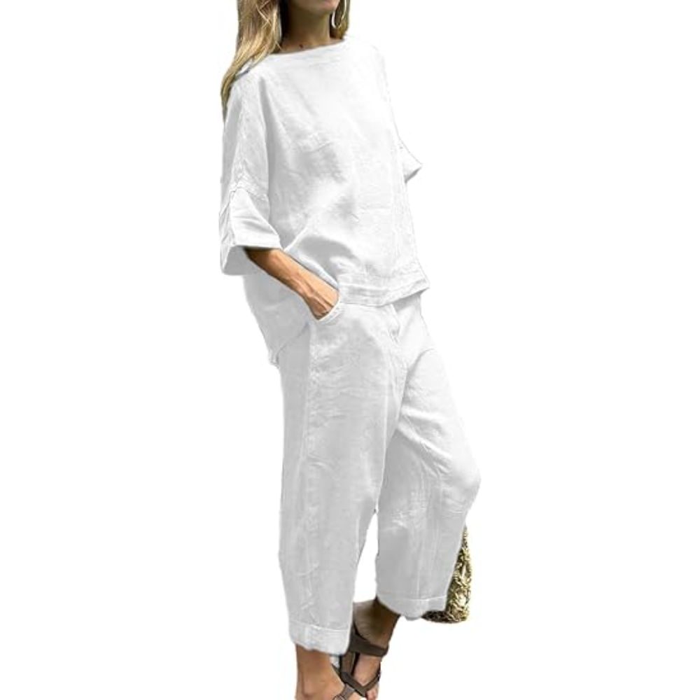 Women's Summer Linen 2 Piece Outfits Plus Size Crew Neck Mid Sleeve Shirt High Waisted Wide Leg Pants Sets Casual Loose Fit Matching Set with Pockets 