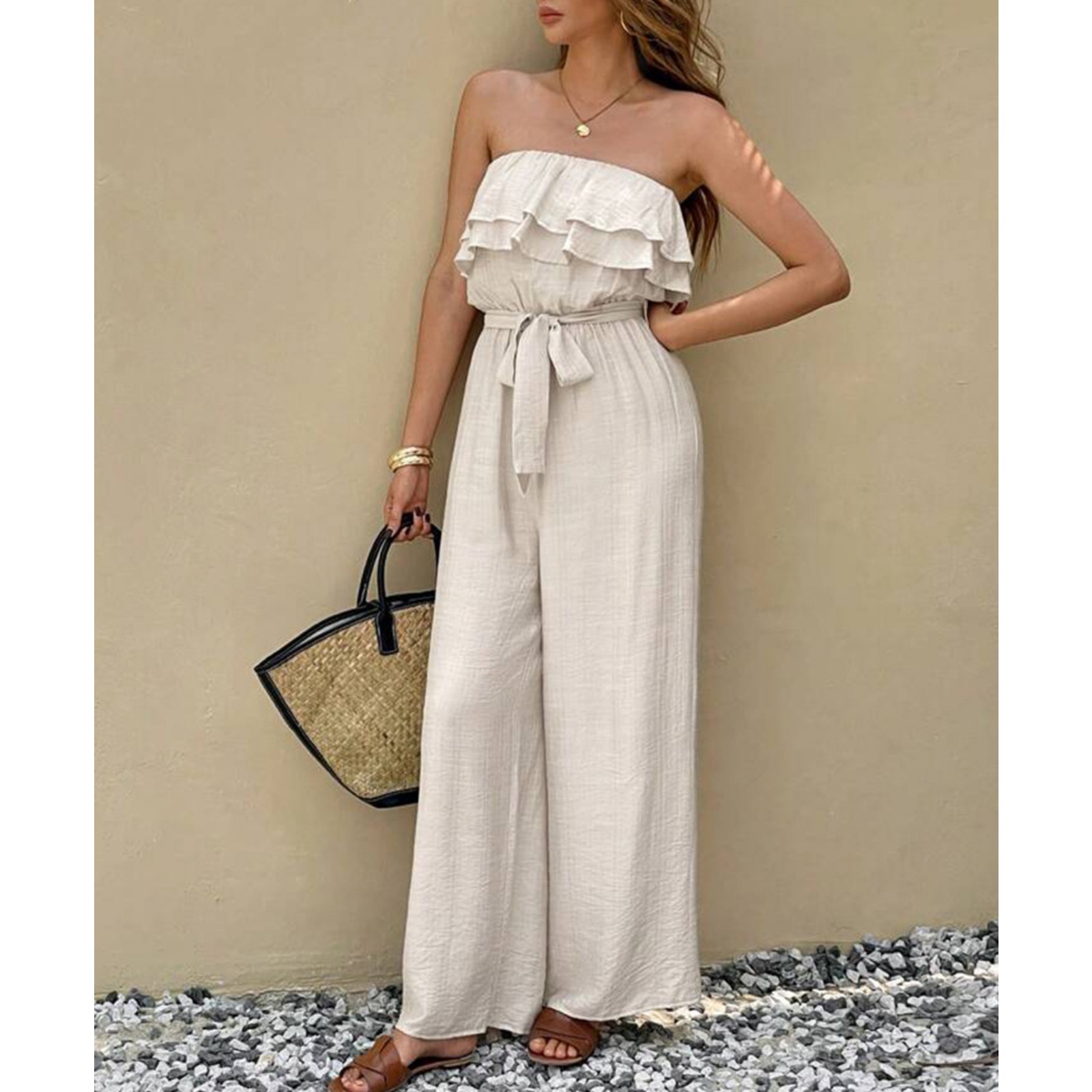 Women's 2025 Summer Cross-border European and American Sleeveless Halter Jumpsuit with Ruffled Ties