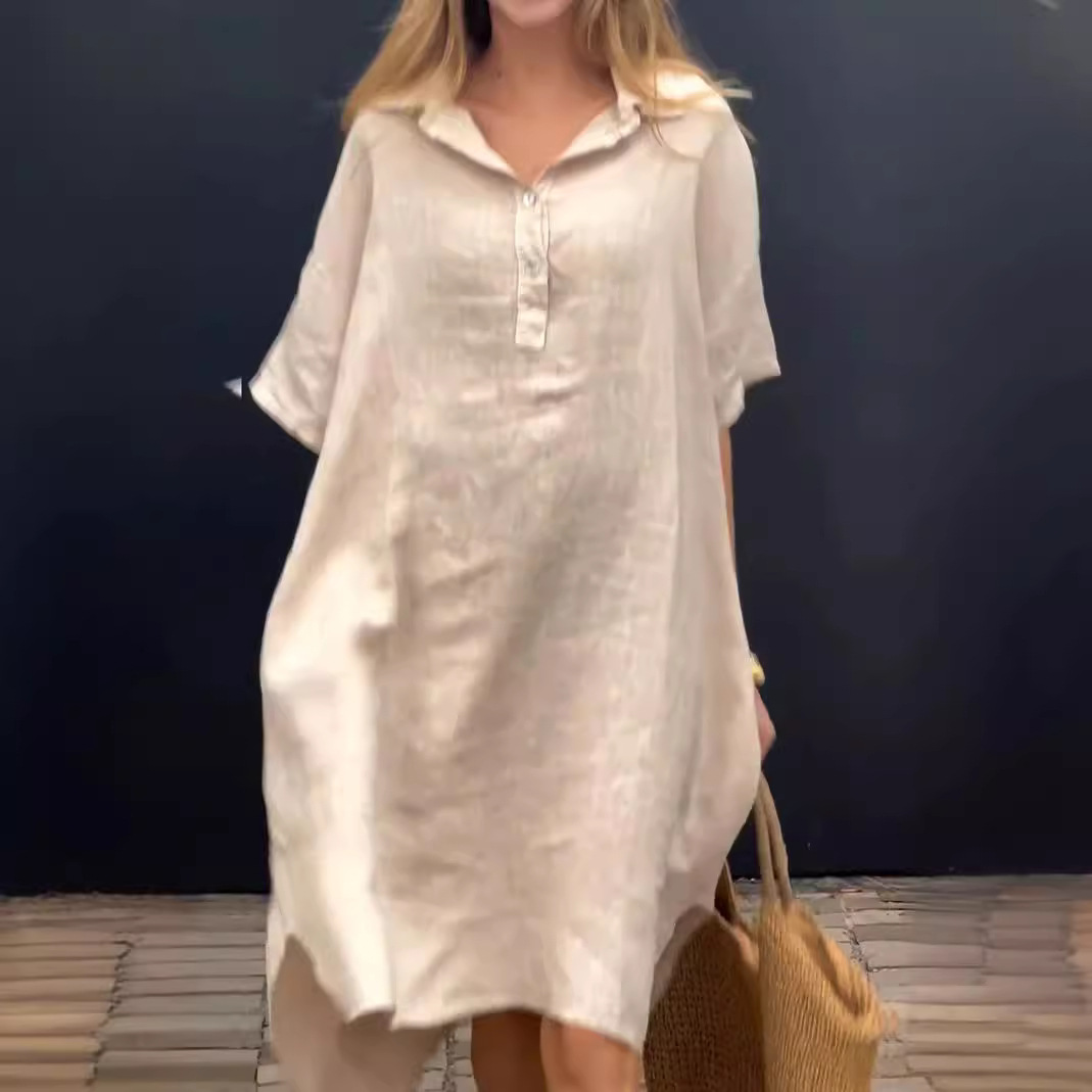 Cotton Linen Solid Color Lapel Button Dress Women's Long Casual Maxi Dress Solid Color Button Front Lapel Dress Cotton Linen Long Sundress
