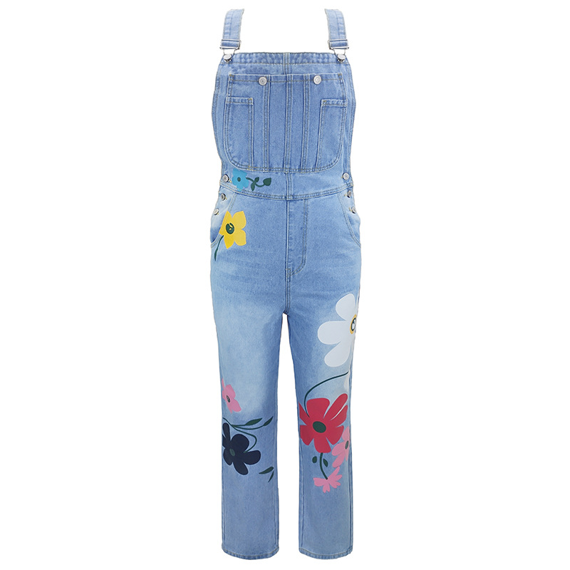 Trendy Printed Denim Overalls Non-Elastic Relaxed-Fit Strappy Jeans for Women Non-Stretchy Comfortable Denim Strappy Long Pants