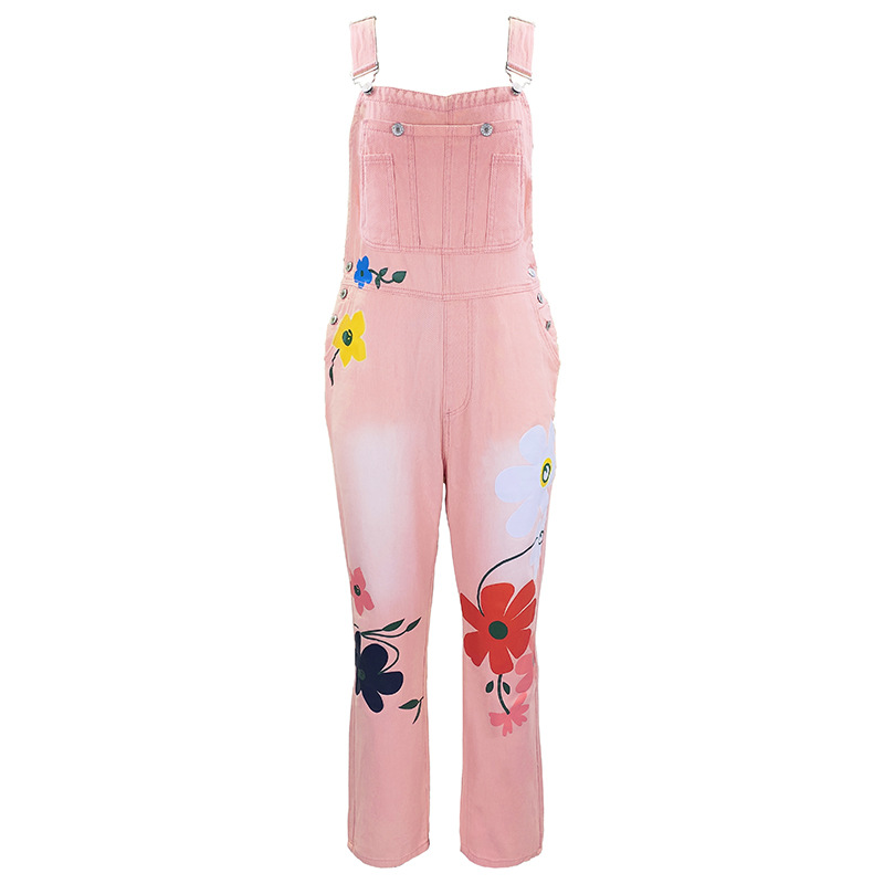 Trendy Printed Denim Overalls Non-Elastic Relaxed-Fit Strappy Jeans for Women Non-Stretchy Comfortable Denim Strappy Long Pants