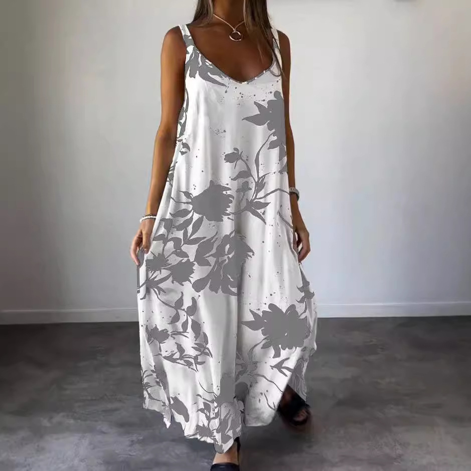 Women's Floral Print Strappy Backless V-Neck Maxi Dress Summer Vacation Dress