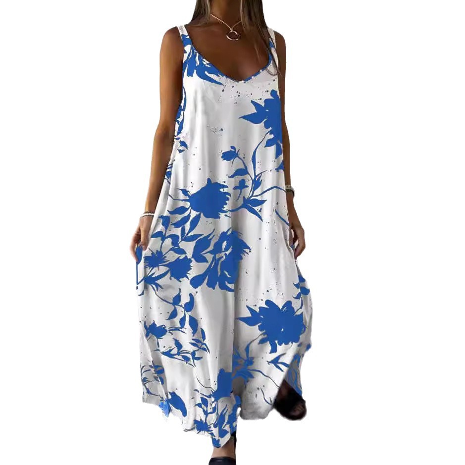 Women's Floral Print Strappy Backless V-Neck Maxi Dress Summer Vacation Dress