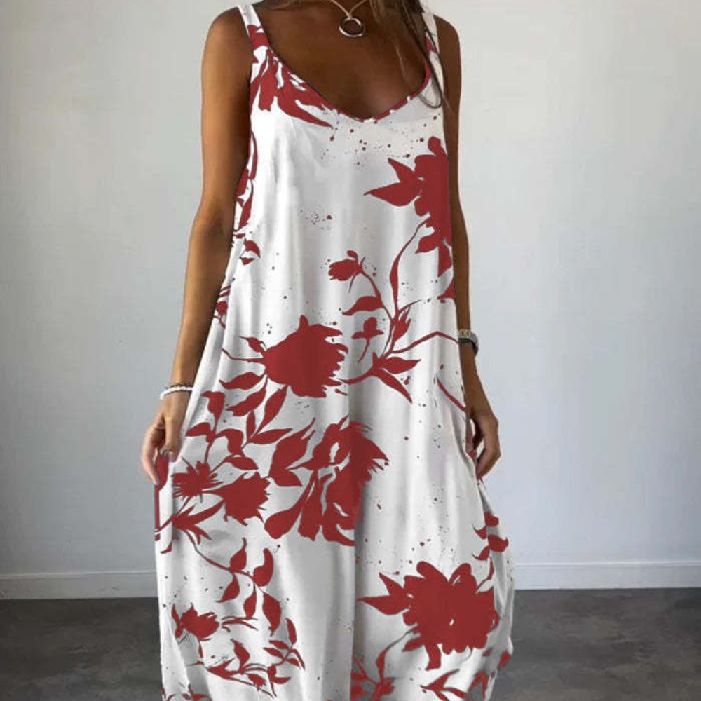 度假长裙印花吊带露背v领连衣裙