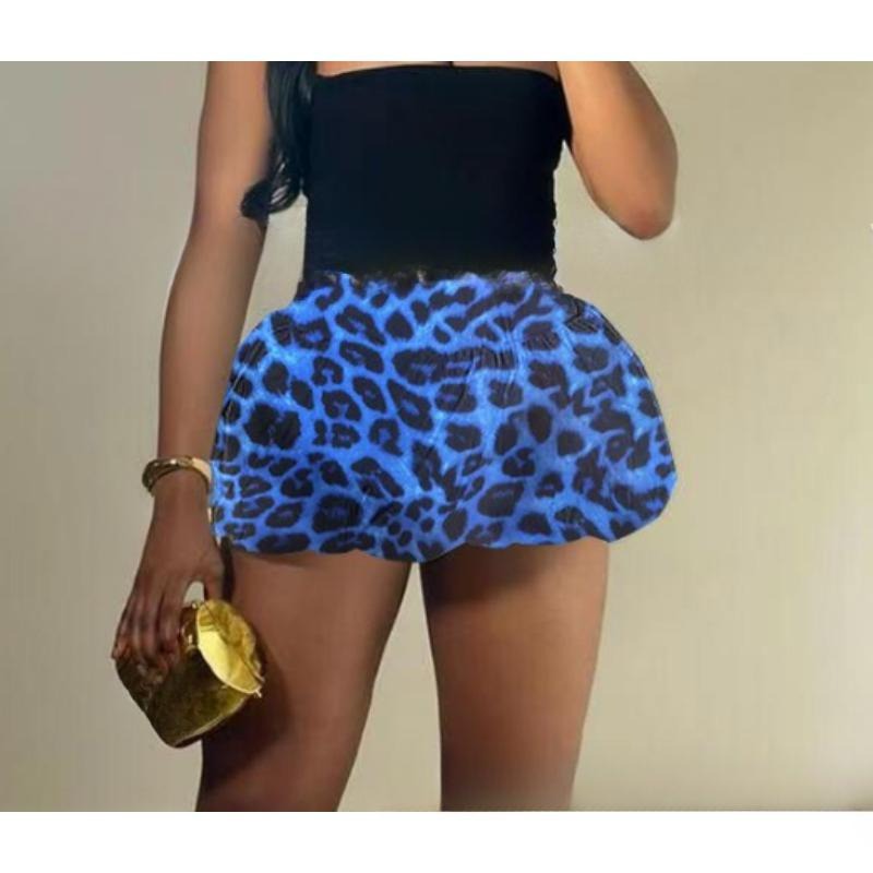 Women's Ruffle Hem Bubble Mini Skirt Cute Leopard Print Skirts
