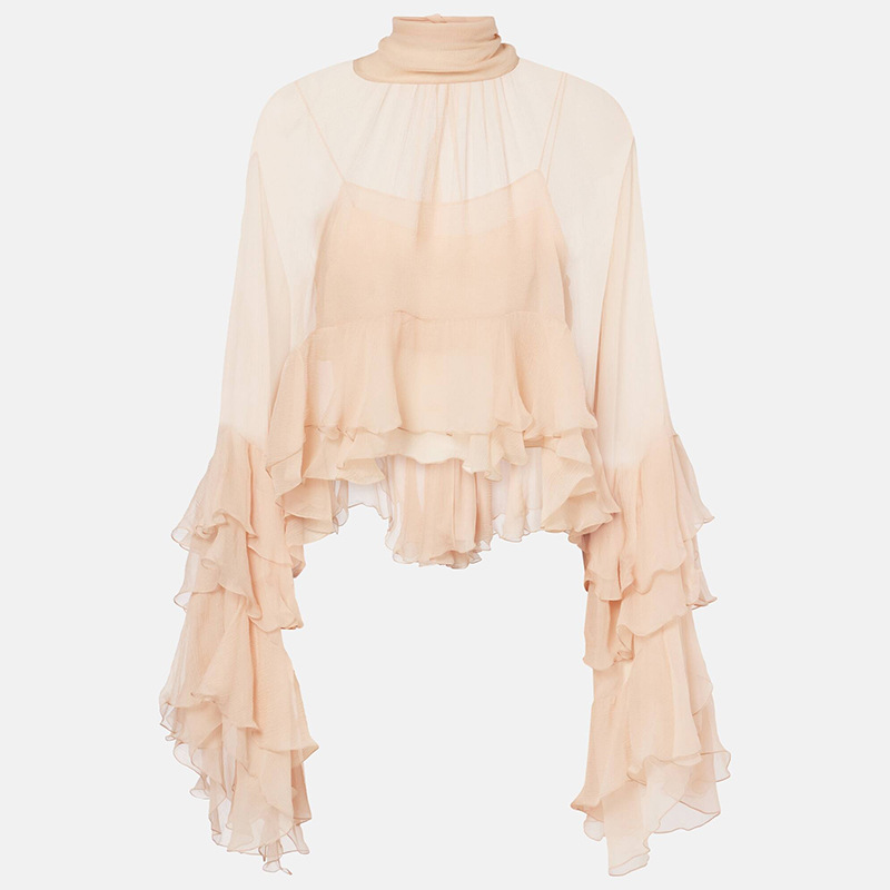Women Ruffle Mesh Blouse Full Sleeve See Through Frill Tops Ruffle Trim Flowy Tunic Top Tie Front Shawl Shirt