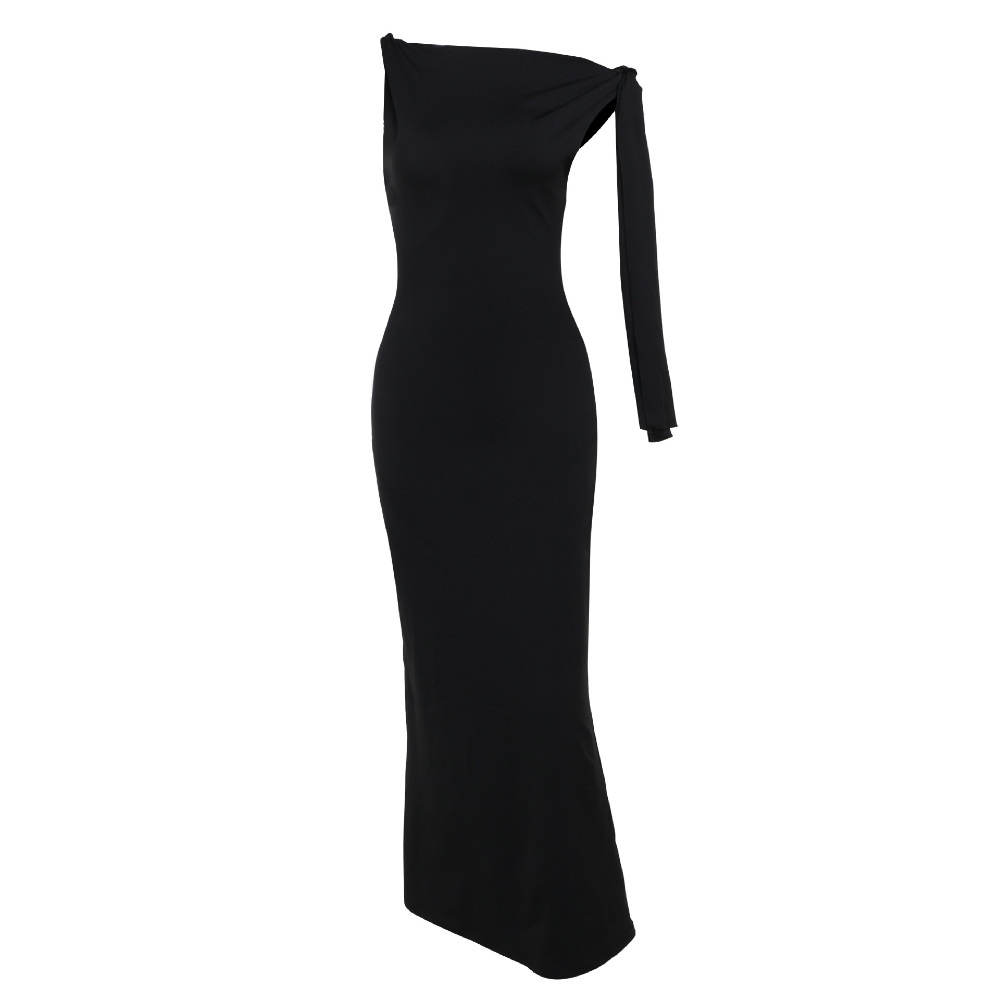 Women's Summer One Shoulder Tie Knotted Bodycon Midi Dress Asymmetrical Off The Shoulder Slim Fit Dress Y2K Solid Sexy Party Cocktail Wrap Long Dress 