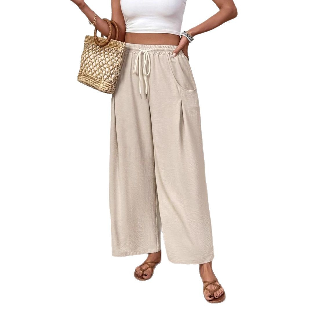 Women's Drawstring Waistband Wide-Leg Palazzo Trousers Casual Pocketed Lounge Bottoms