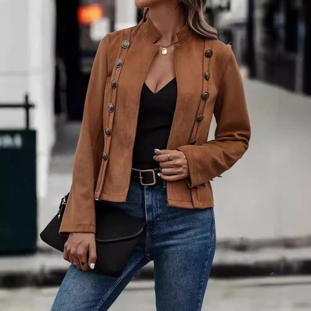 Women's New Arrival Solid Double-Breasted Suede Jacket Vintage-Inspired Long-Sleeve Outerwear