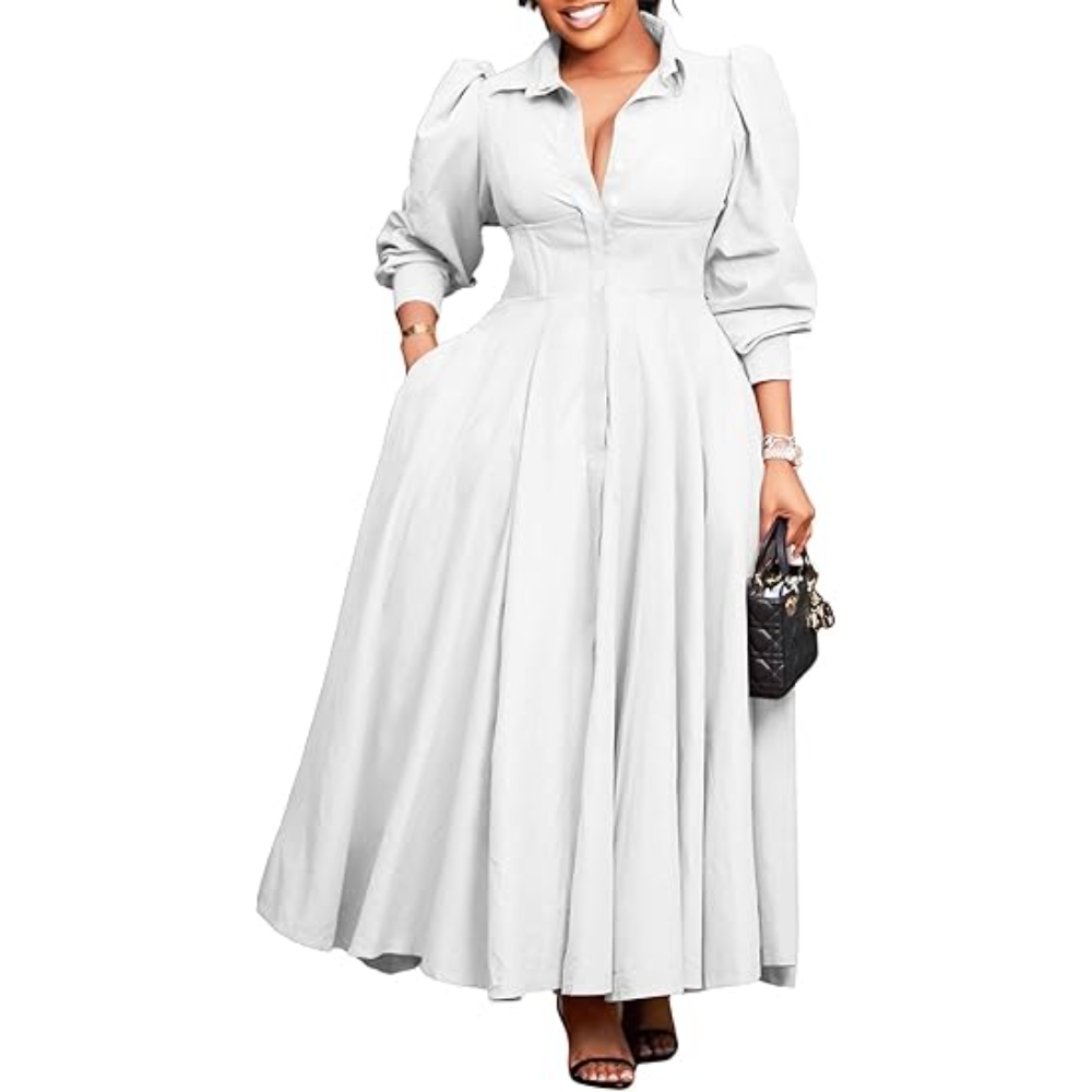  Women's Solid Color Shirt Dress Elegant Long Sleeve A-Line Swing Pleated Hem Midi Dress Slim Waisted Fluffy Hem Dress Casual Church Work Business Versatile Trendy Dress with Pockets
