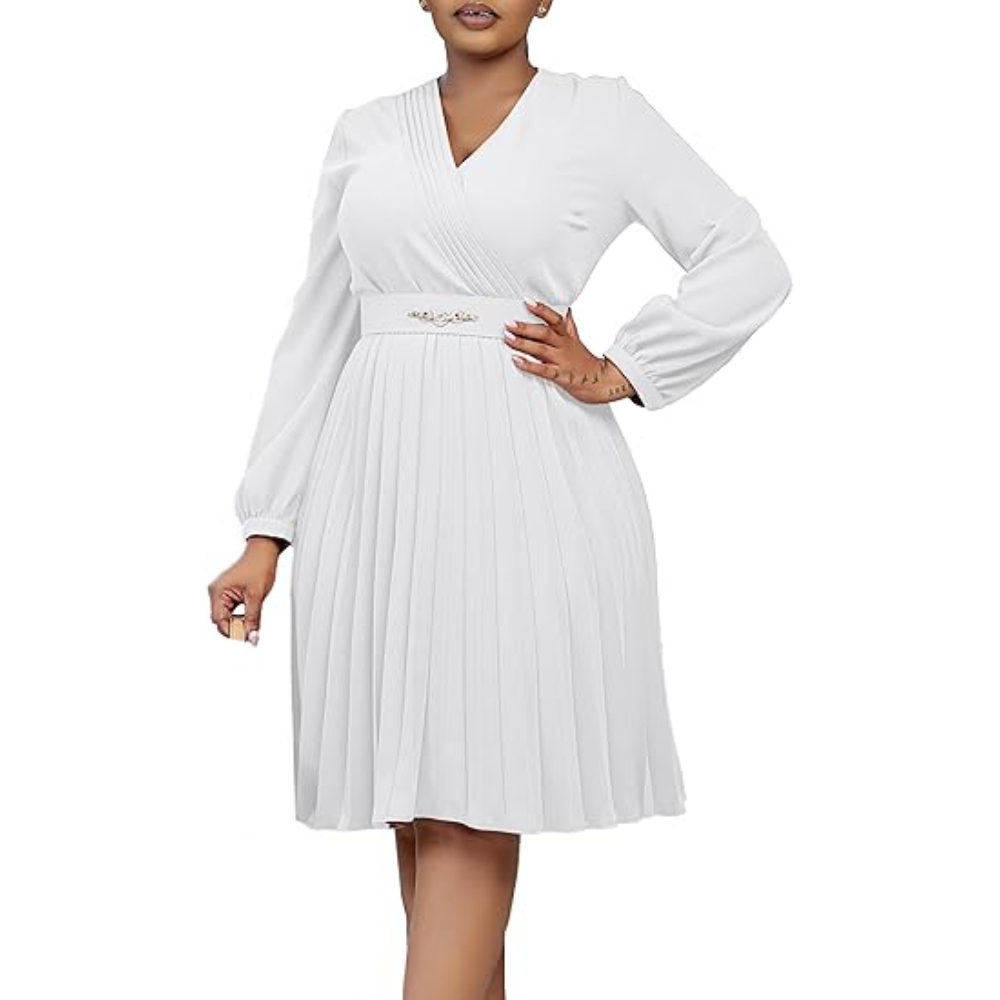 Women's V Neck Long Sleeve Pleated Midi Dress Elegance A Line Flowy Cocktail Wedding Guest Church Dresses Solid Color Fashion High Waist Business Casual Dress with Belt 