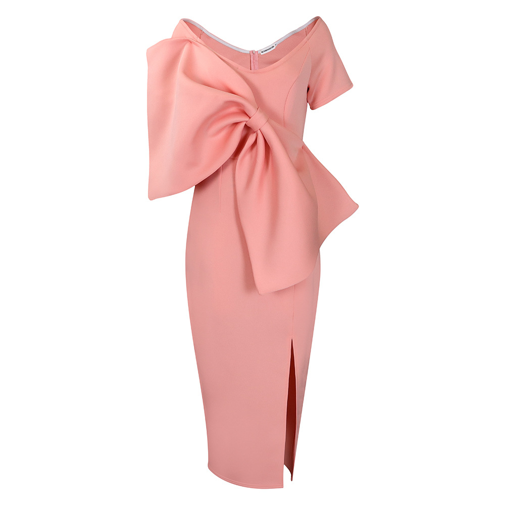  Women's Cold Shoulder Short Sleeve Big Bow Split Bodycon Dress Solid Color Elegant Waist Slim Maxi Dresses Sexy V Neck Bowknot Business Party Cocktail Pencil Dress 