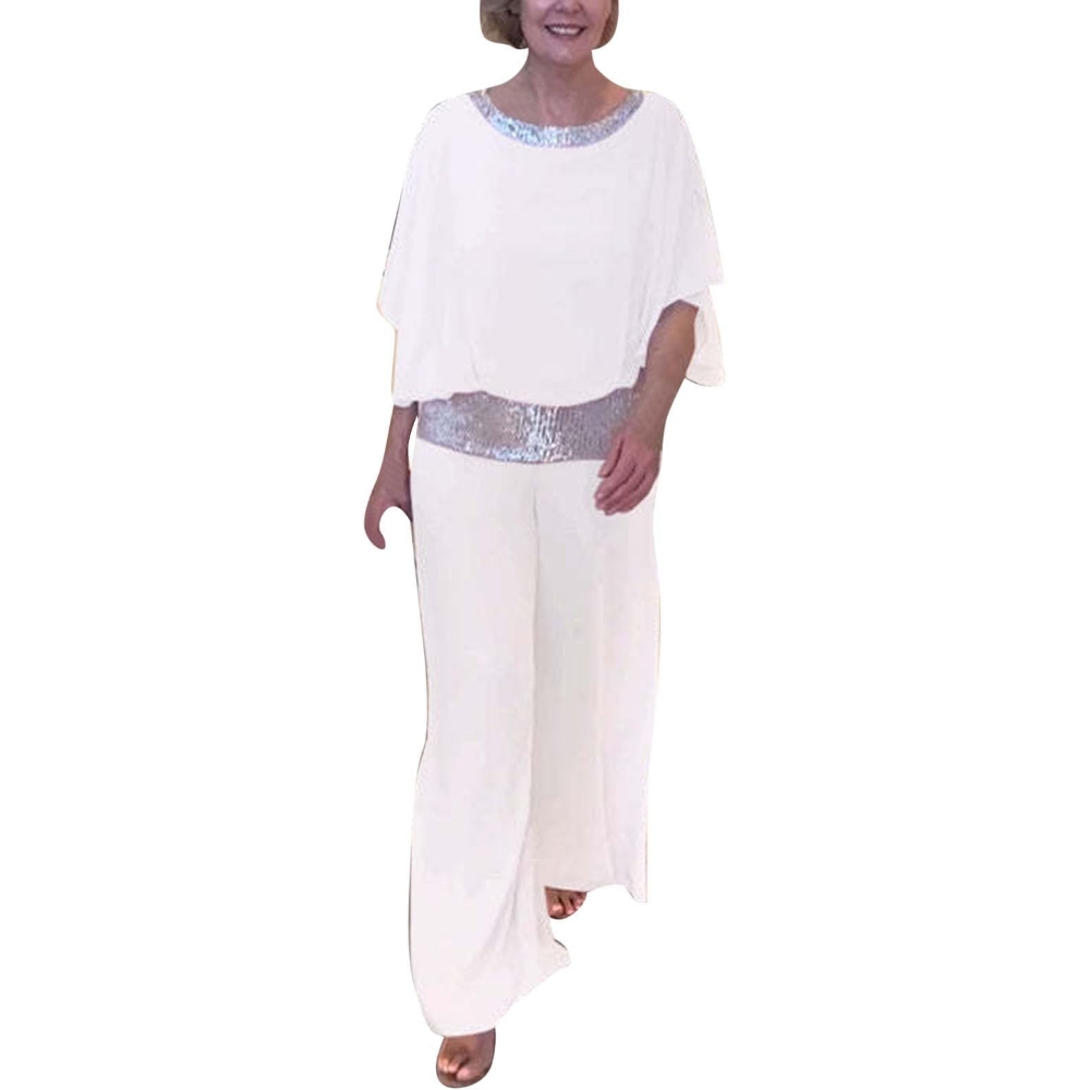 2025新款跨境欧美亚马逊纯色套装圆领亮片拼色蝙蝠衫阔腿裤套装女