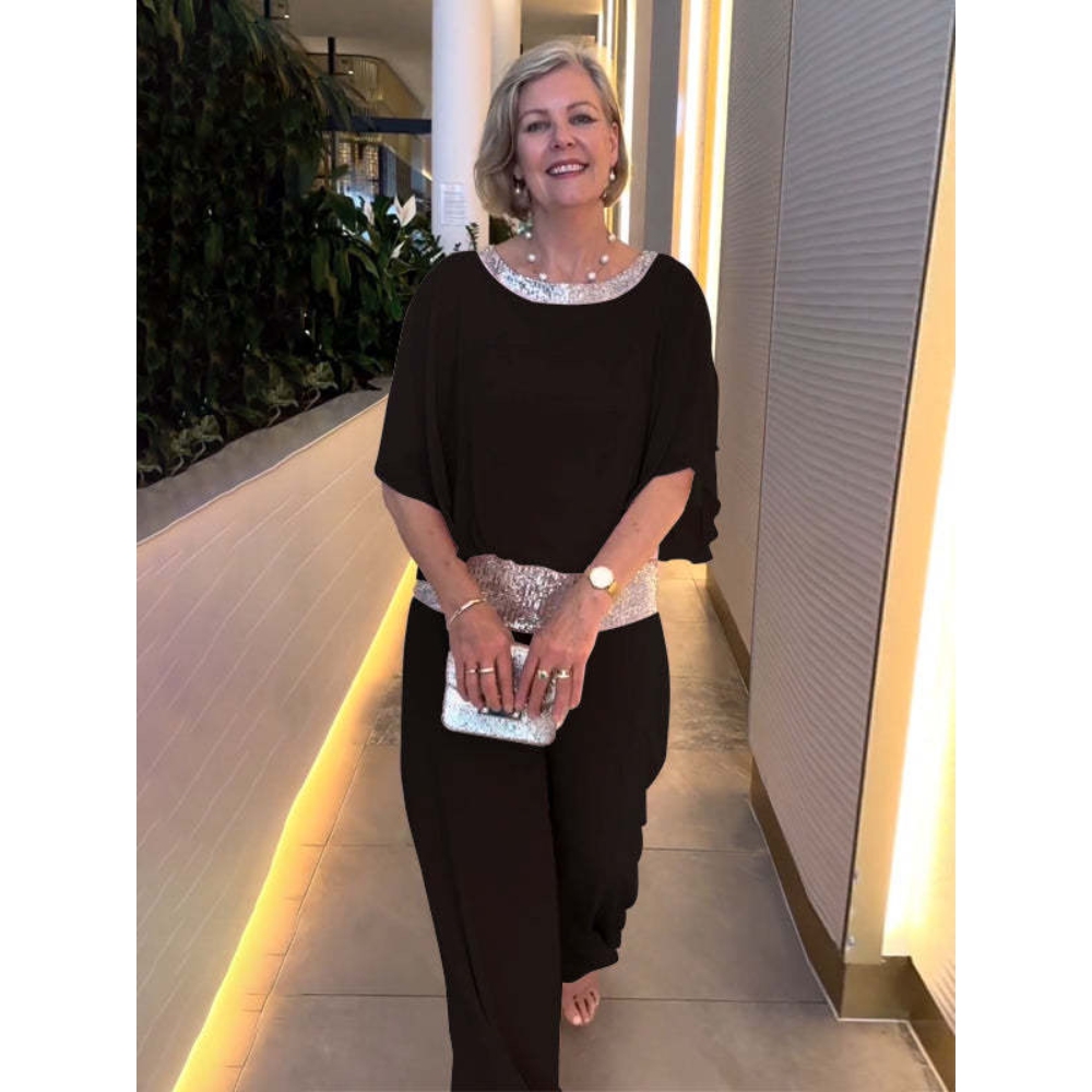 2025新款跨境欧美亚马逊纯色套装圆领亮片拼色蝙蝠衫阔腿裤套装女