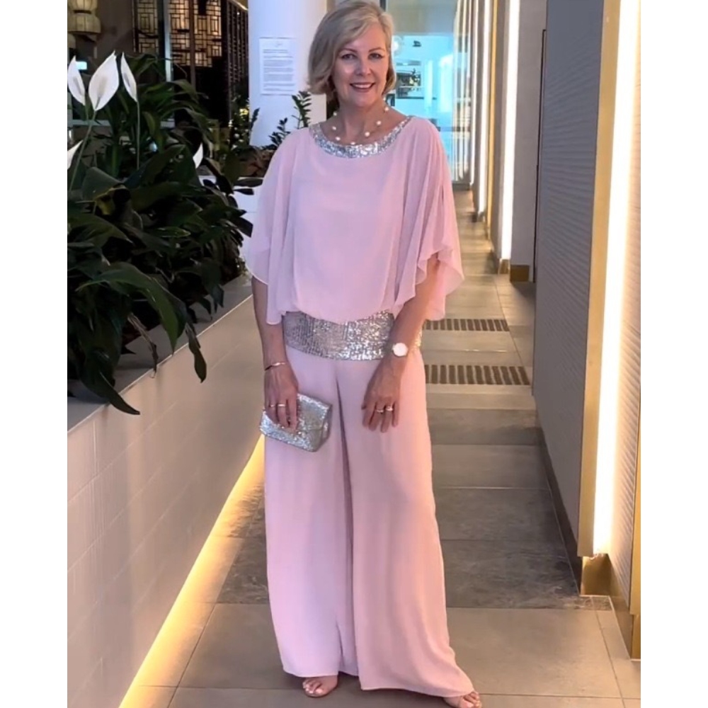 Women's Summer Sequined Colorblock Two-Piece Set Round Neck Batwing Sleeve Top Flowy Wide Leg Pants Set Casual Loose Fit Elegant Matching Suit Wedding Guest Evening Party Formal Outfit