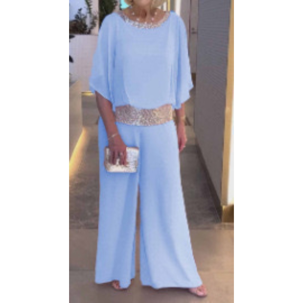 2025新款跨境欧美亚马逊纯色套装圆领亮片拼色蝙蝠衫阔腿裤套装女