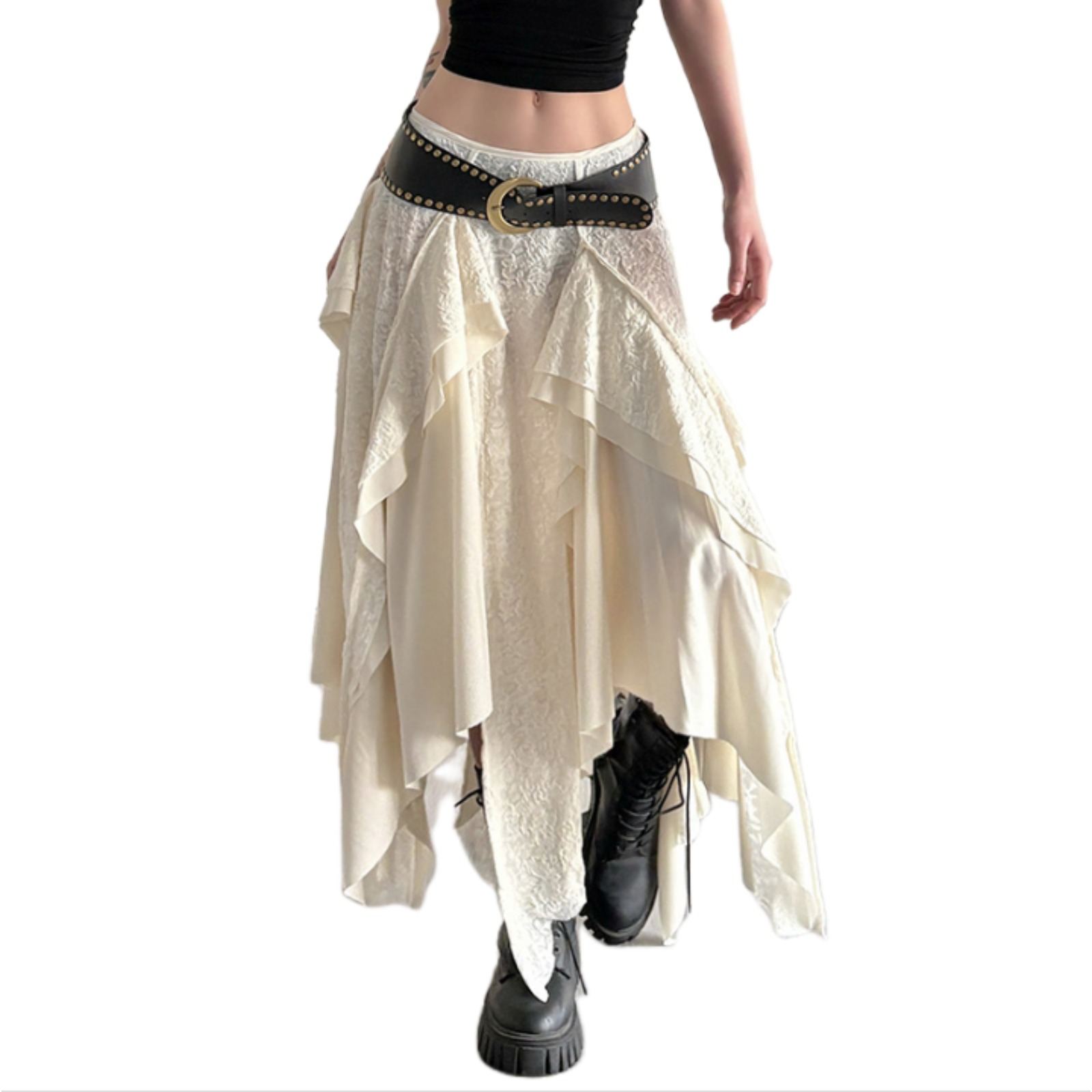 欧美海边度假风蕾丝荷叶边纯色半身裙跨境低腰不规则裙摆休闲长裙