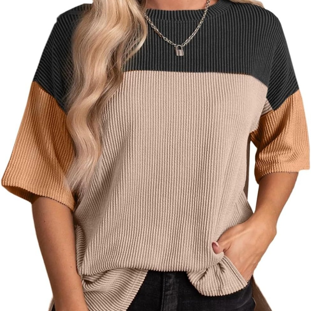 新款纯色圆领衬衫时尚百搭休闲气质拼色上衣