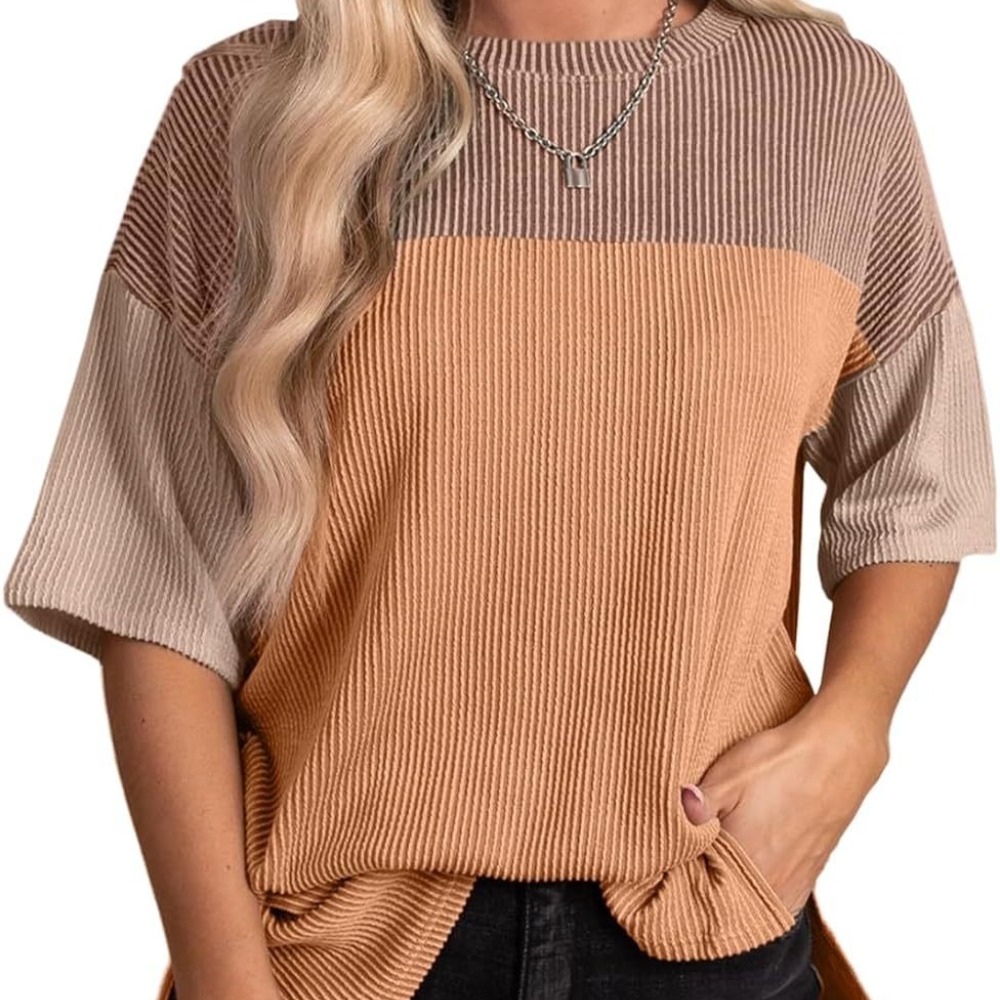 新款纯色圆领衬衫时尚百搭休闲气质拼色上衣