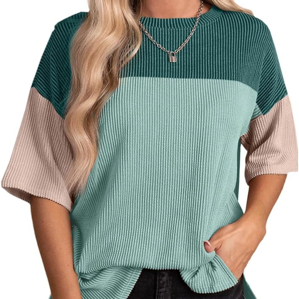 新款纯色圆领衬衫时尚百搭休闲气质拼色上衣