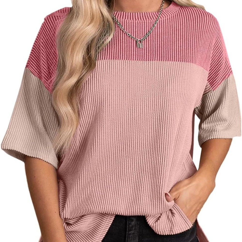 新款纯色圆领衬衫时尚百搭休闲气质拼色上衣