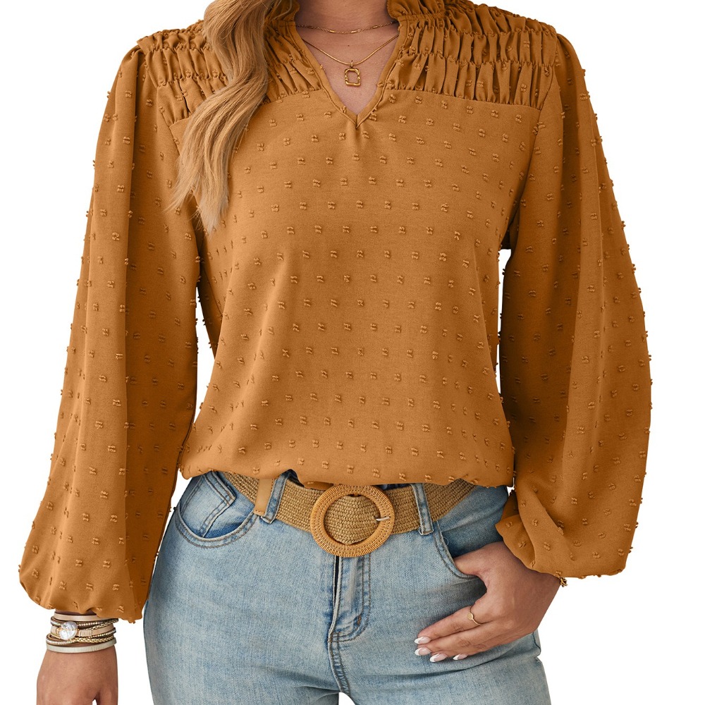 V领收褶梭织提花长袖雪纺衫