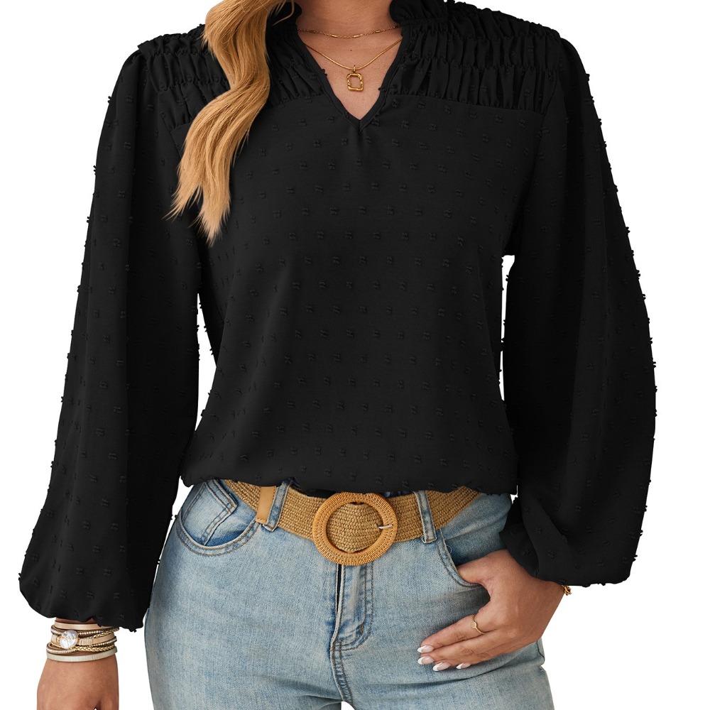 V-Neck Pleated Jacquard Chiffon Blouse Long-Sleeve Woven Fabric Top Women's V-Neck Jacquard Pleated Long-Sleeve Chiffon Shirt