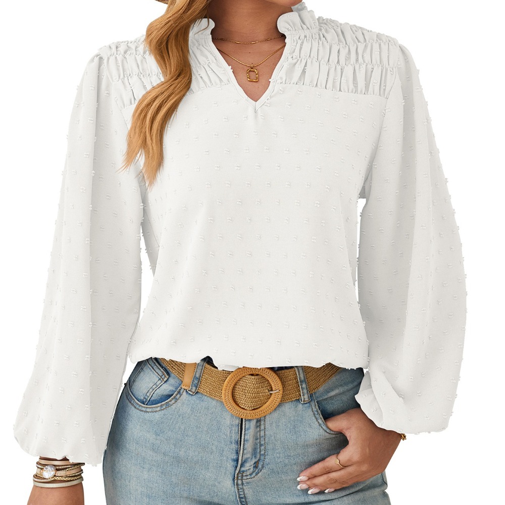 V-Neck Pleated Jacquard Chiffon Blouse Long-Sleeve Woven Fabric Top Women's V-Neck Jacquard Pleated Long-Sleeve Chiffon Shirt