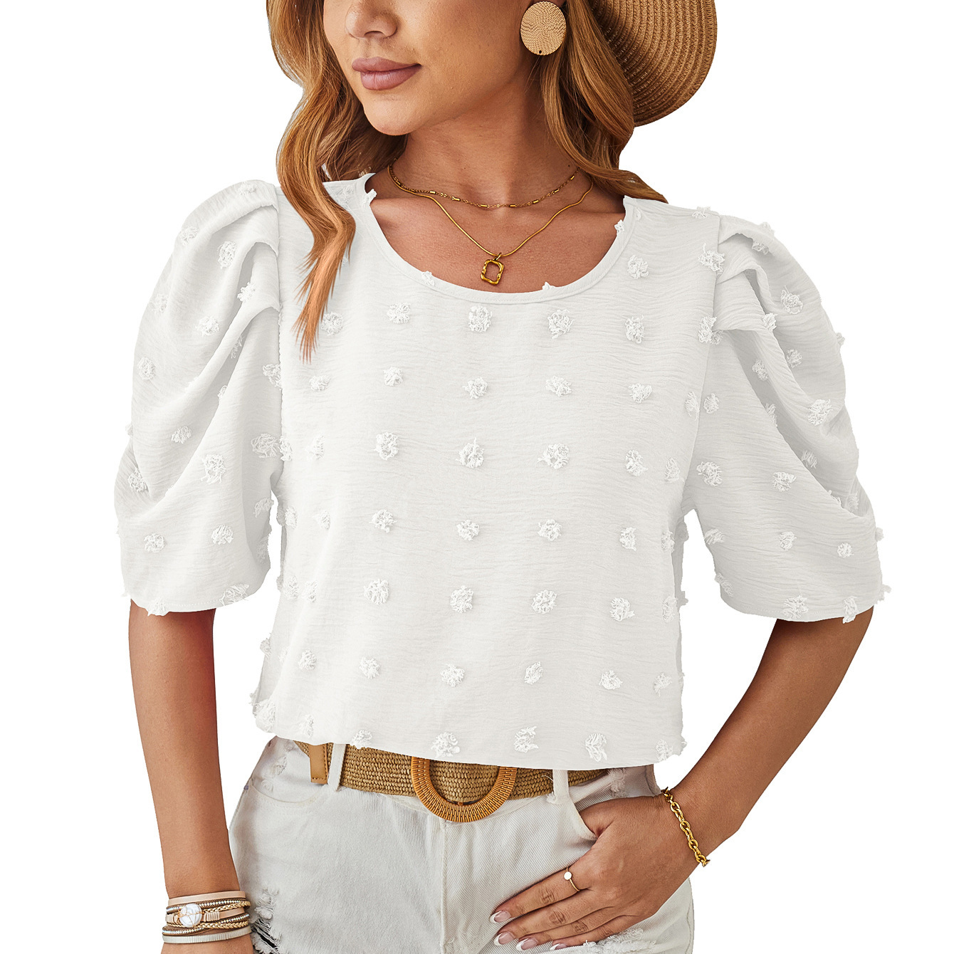 Short-Sleeve Square Neck Bubble Crochet 5/8 Sleeve Pullover New Loose Fit Top Chic & Effortless