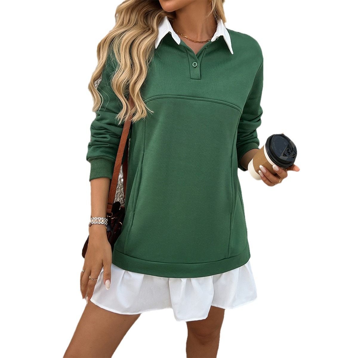 Polo Collar Pocket-Patchwork Sweatshirt Dress for Women Casual Loose Fit Dress Comfy & Trendy