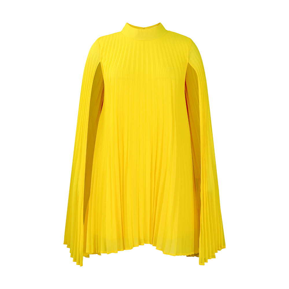 Women's Summer Chiffon Cloak Sleeve Cape Pleated Dress Loose Flowy Batwing Sleeve Crew Neck Lightweight Dress Knee Length Party Club Dress Summer Solid Color Dress