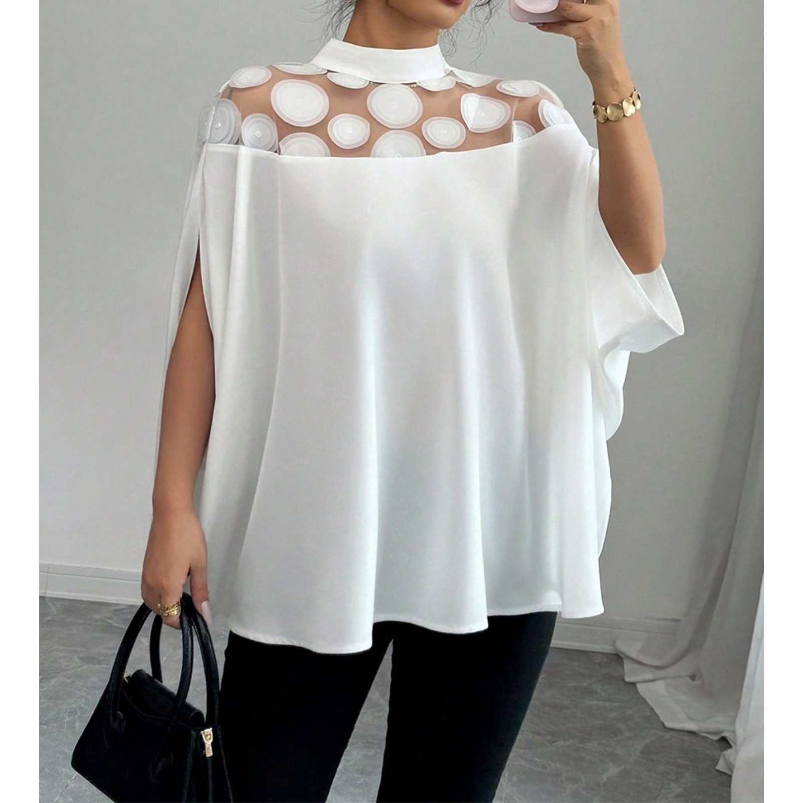Women's White Sheer Mesh Shoulder Blouse Round Neck Oversized Office Shirt Split Cuff Design Polyester Vacation Workwear Top