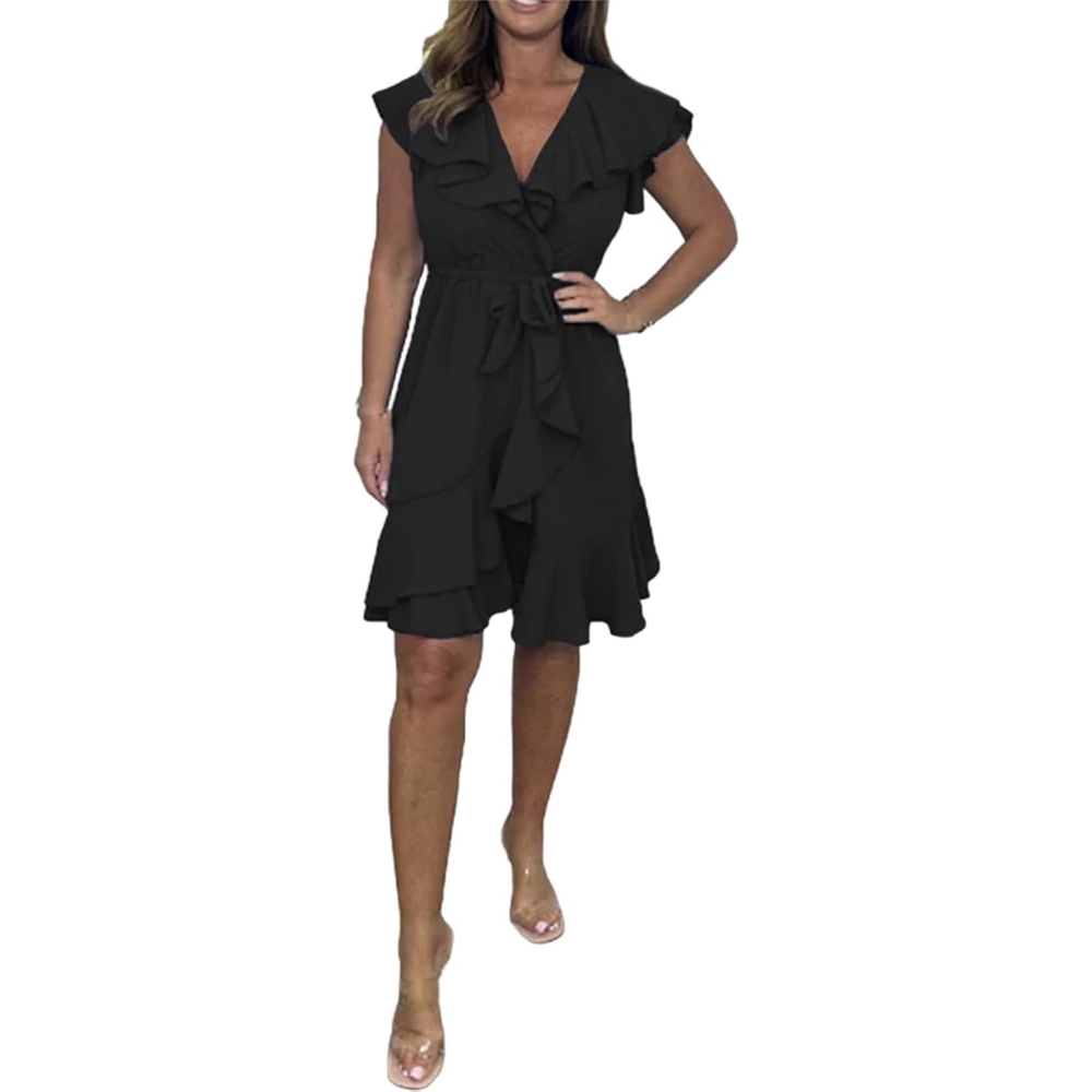 2025欧美女装夏季新款亚马逊V领收腰裙荷叶边纯色连衣裙女