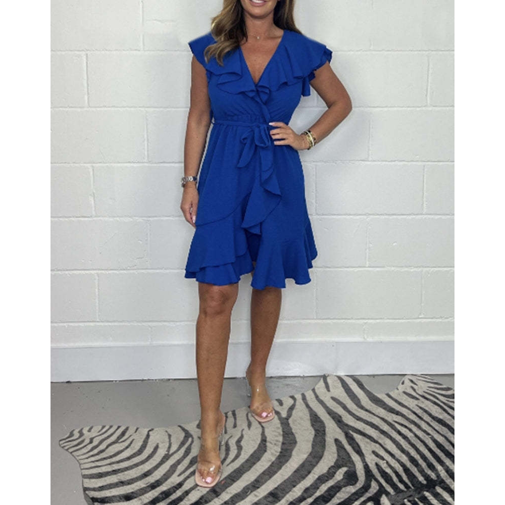 Women's Summer V-Neck Ruffle Short Sleeve Dress Solid Color Slim A Line Midi Dress with Adjustable Waist Ties Work Office Casual Beach Party Vacation Dress