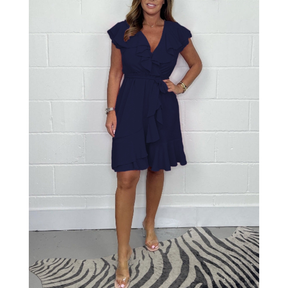 Women's Summer V-Neck Ruffle Short Sleeve Dress Solid Color Slim A Line Midi Dress with Adjustable Waist Ties Work Office Casual Beach Party Vacation Dress