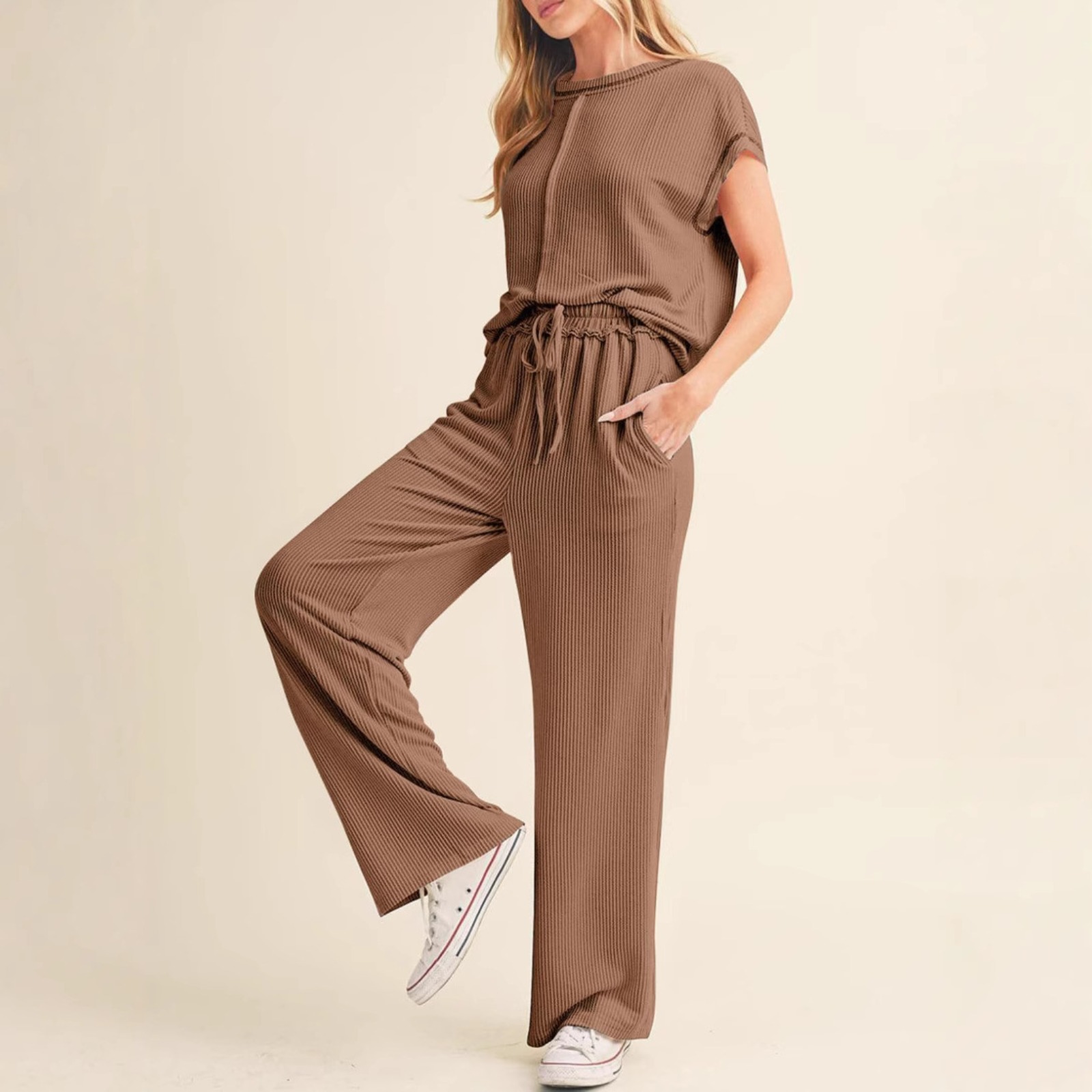 欧美春夏新款时尚休闲女装短抽绳纯色通勤长裤套装女