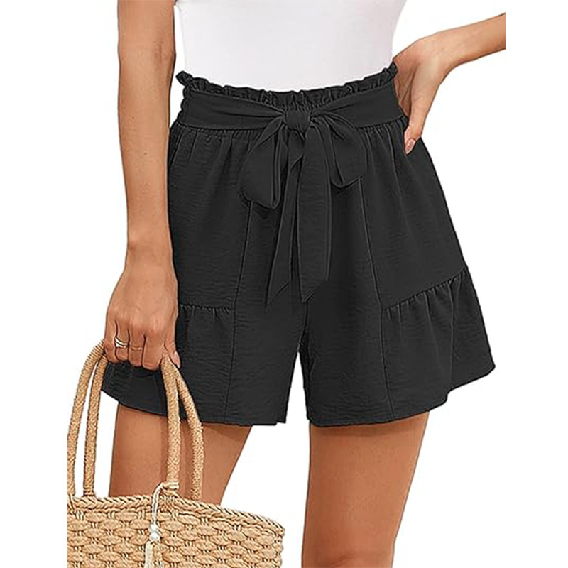 Women's Summer Drawstring Wide Leg Shorts Solid Color Pleated High Waisted Adjustable Tie Knot Shorts Comfy Lightweight Loose Fit Casual Beach Vacation Shorts 