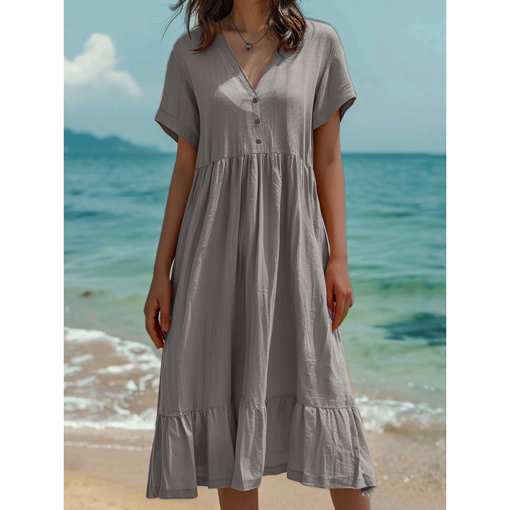 亚马逊外贸流行时尚女装宽松新款纯色短袖棉麻拼接抽褶大码连衣裙