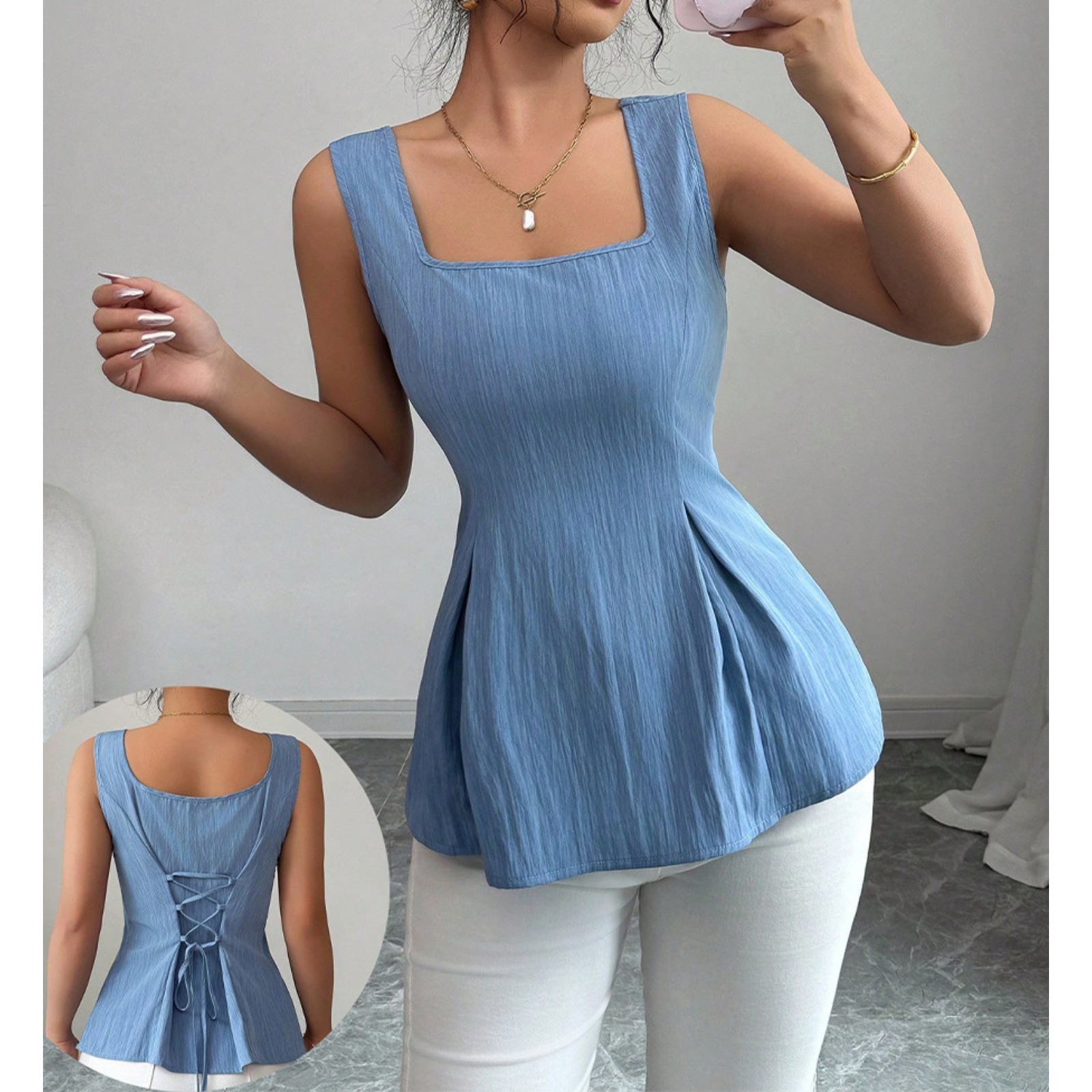 Women's French Style Sleeveless Tank Top Back Drawstring Ruffled Hem Slim Fit Summer Elegant Cami Shirt Casual Stretchy Pullover