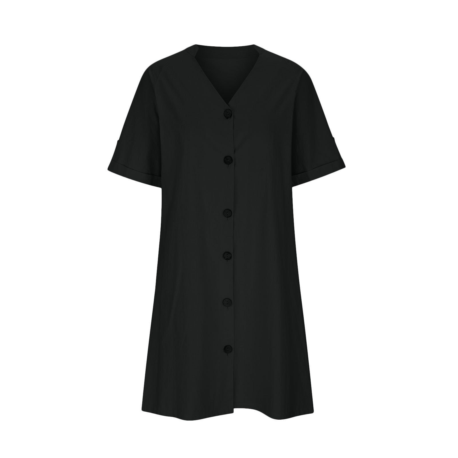 欧美女装连衣裙亚马逊洗水棉短袖中长款单排扣V领宽松纯色A字裙