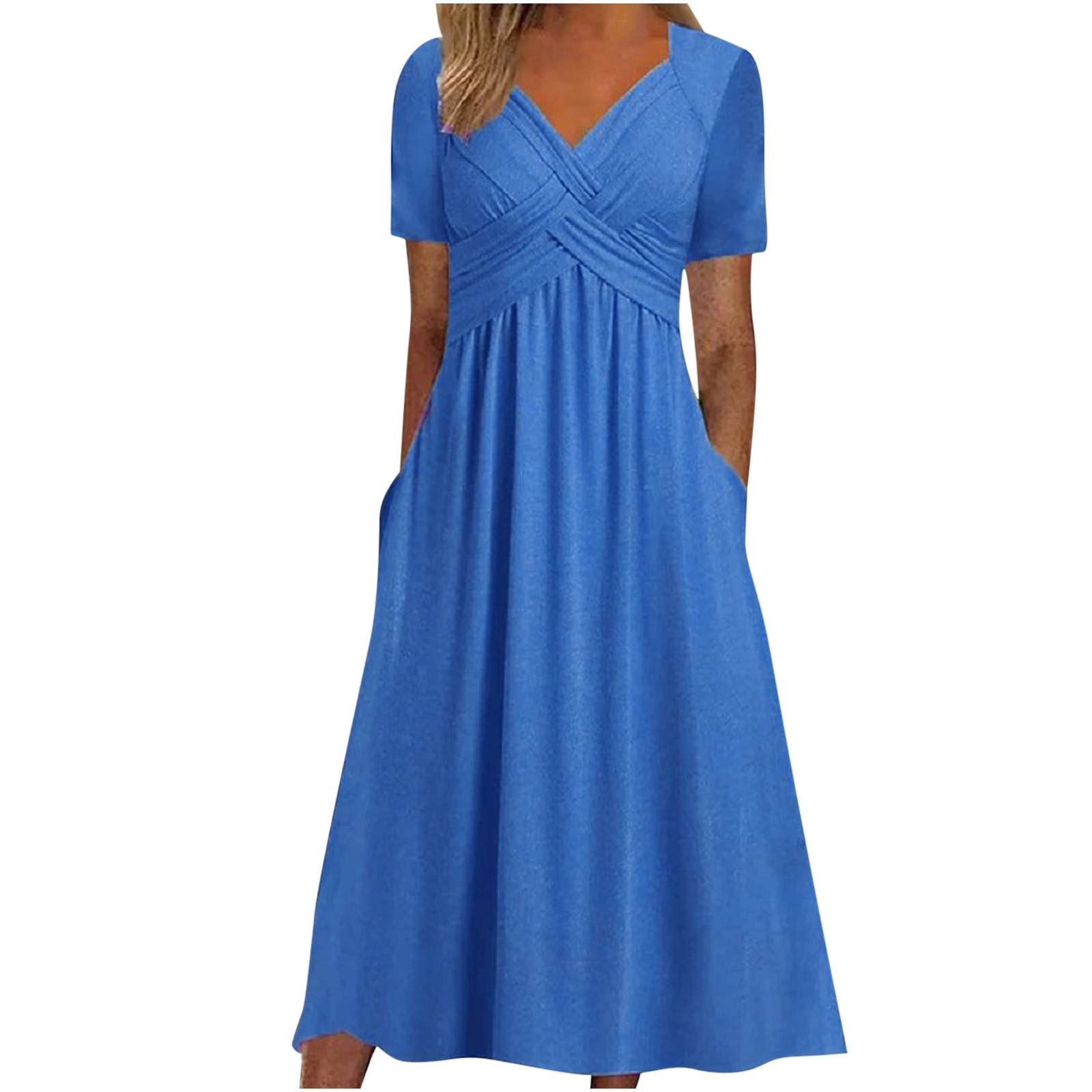 Women's Summer V-Neck Short Sleeve Slim Maxi Dress Casual Loose Fit Flowy Boho A-Line Long Dress with Pockets Solid Color Trendy Comfy Beach Sundress 