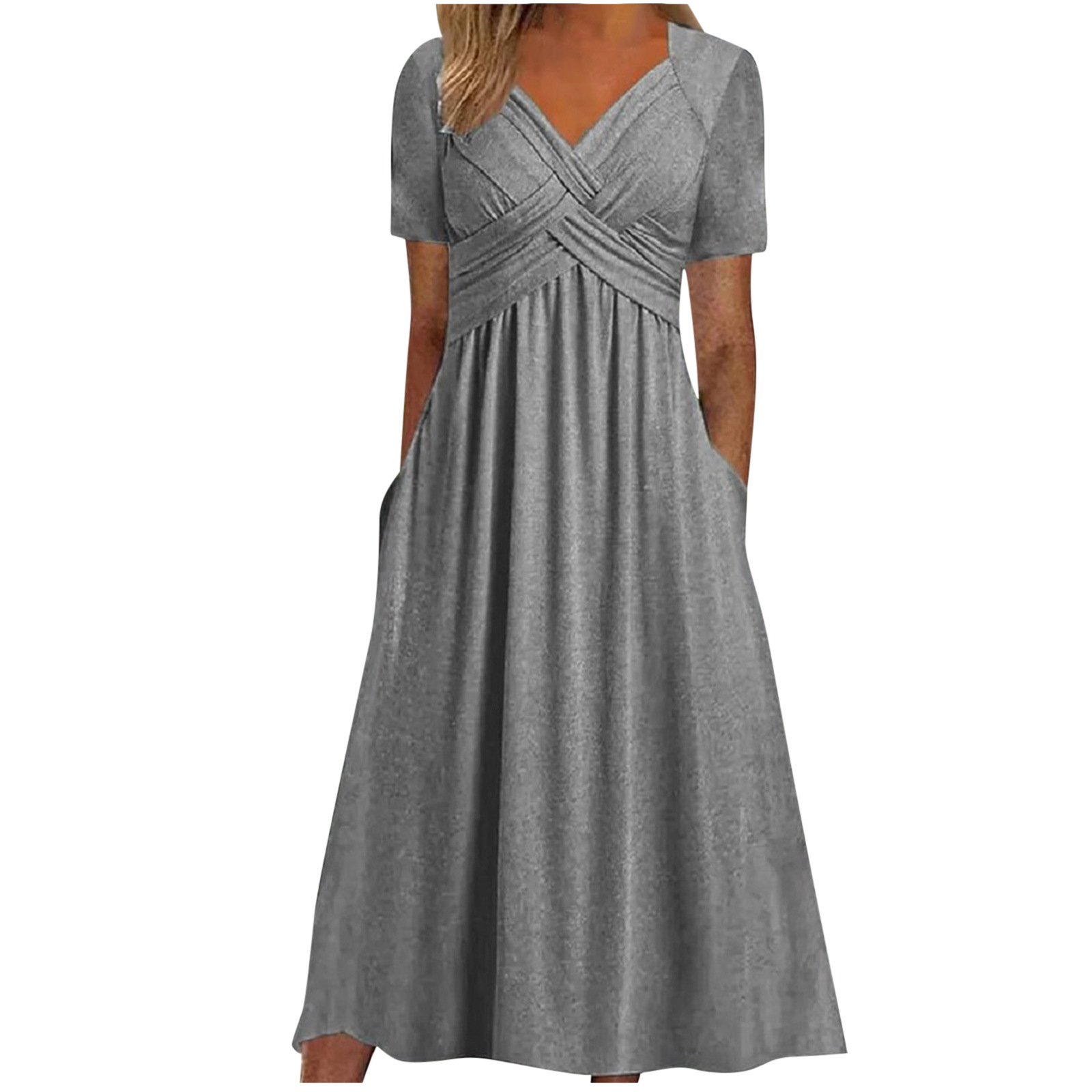 Women's Summer V-Neck Short Sleeve Slim Maxi Dress Casual Loose Fit Flowy Boho A-Line Long Dress with Pockets Solid Color Trendy Comfy Beach Sundress 
