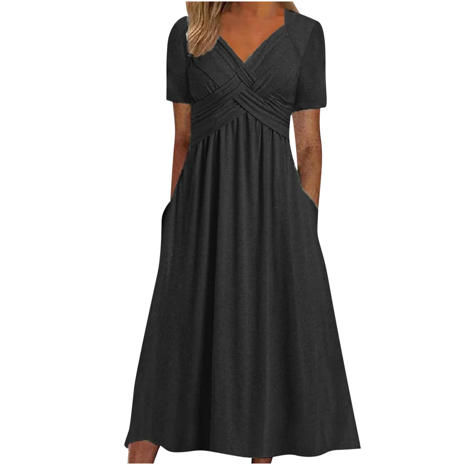 Women's Summer V-Neck Short Sleeve Slim Maxi Dress Casual Loose Fit Flowy Boho A-Line Long Dress with Pockets Solid Color Trendy Comfy Beach Sundress 