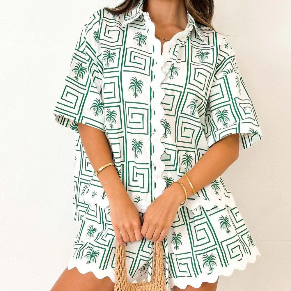 Spring-Summer Women's Printed Shirt & Shorts Loungewear Set Color-Block Fashion Two-Piece